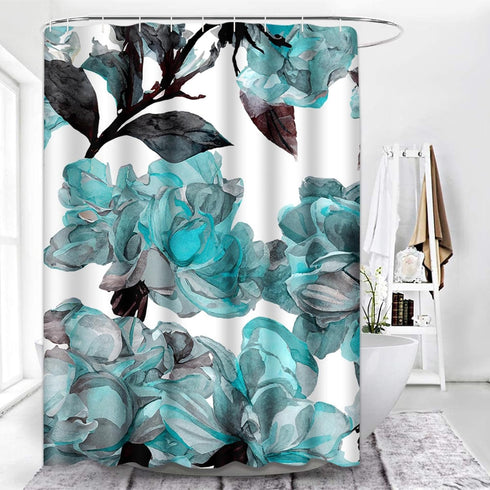 Emvency Aqua Shower Curtain - Blue Flower Floral Teal Pattern with Roses, Waterproof Polyester Fabric 72 x 72 inches