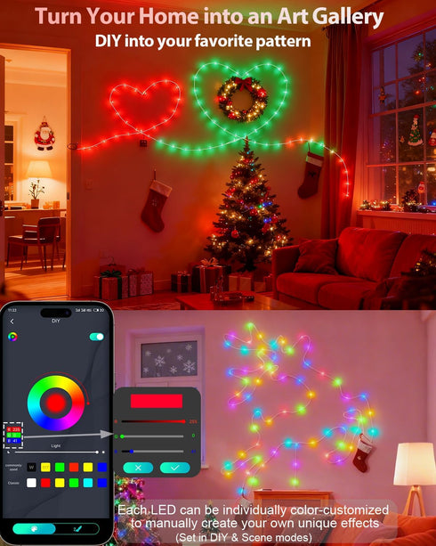 33Ft 12 Smart Fairy String Lights, DIY Twinkle Lights USB Port, Multicolor Warm White, App/Remote Control, Modes &Music