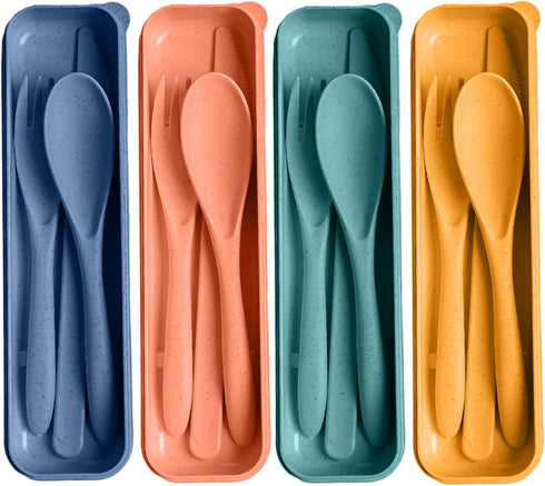 4 Sets Reusable Travel Utensils with Case, Wheat Straw Utensils for Daily Use, School, Work, or Camping Accessories