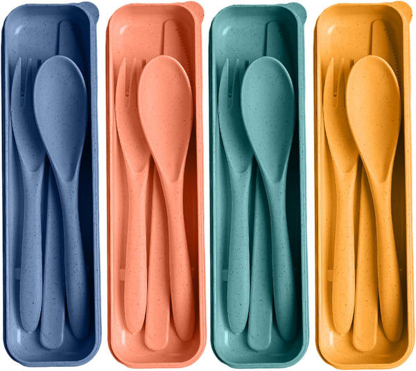 4 Sets Reusable Travel Utensils with Case, Wheat Straw Utensils for Daily Use, School, Work, or Camping Accessories