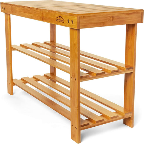 3 Bamboo Tier Shoe Rack Bench, Premium Shoe Organizer or Entryway Bench, Perfect for Shoe Cubby, Entry Bench, Bathroom