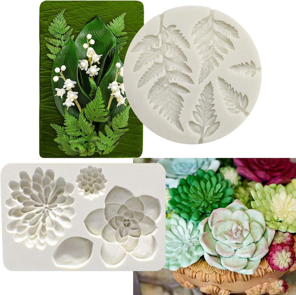2PCS Succulent Fondant Mold - Fern Leaf Silicone Molds for Cake Decoration, Gumpaste 3D Molds for Cupcakes