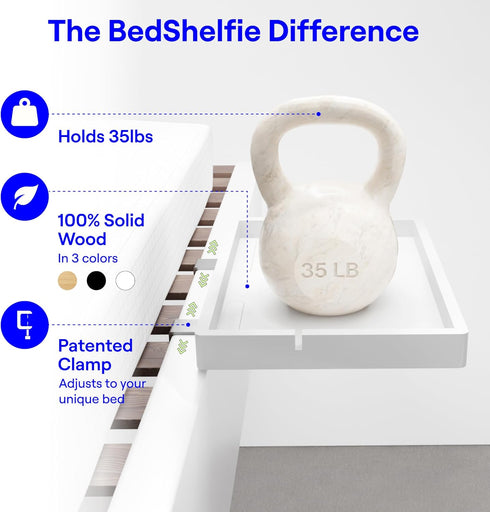 BedShelfie Bedside Shelf for Bunk Bed & Top Bunk, College Dorm Room Essentials, Loft Nightstand, Floating Bed Side
