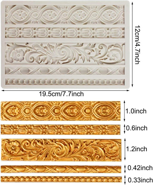 3 Pieces Baroque Silicone Fondant Molds, Scroll Border Lace Molds for Cake Decorating, Curlicues Gum Paste Candy