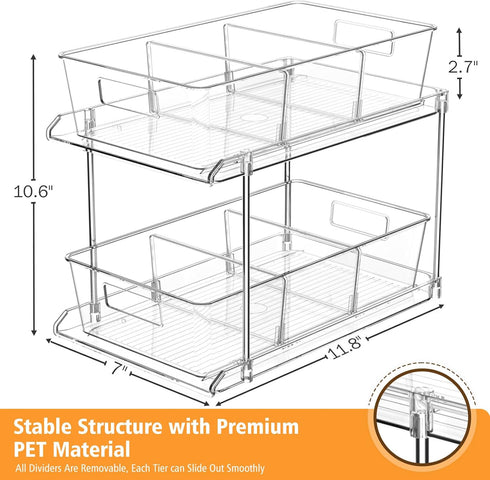 Pull-out Home Organizers, 2 Tier Clear Bathroom Organizer with Dividers, Multipurpose Vanity Counter Tray, Kitchen, Closet Organizers and Storage Container Bins for Cabinet, Pantry by Fabspace