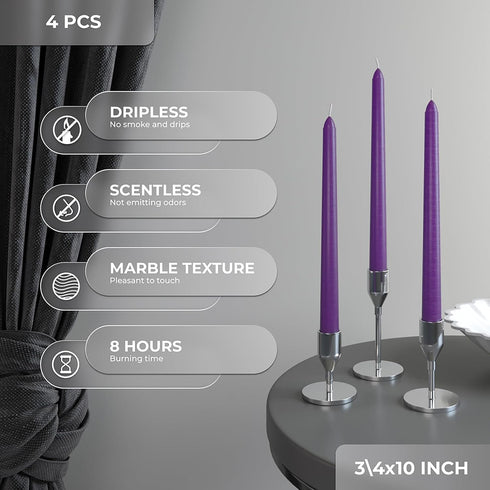 Candwax 10 inch Taper Candles Set of 4, Dripless and Unscented Candlesticks for Dinner and Household Decor - Purple