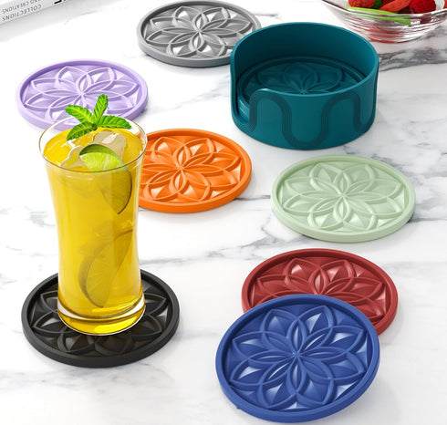 Set 6 Pack HFHOME Silicone Coasters for Drinks - With Holder, Table Cup Mat for Coffee Table, Desk, Bar - Tabletop