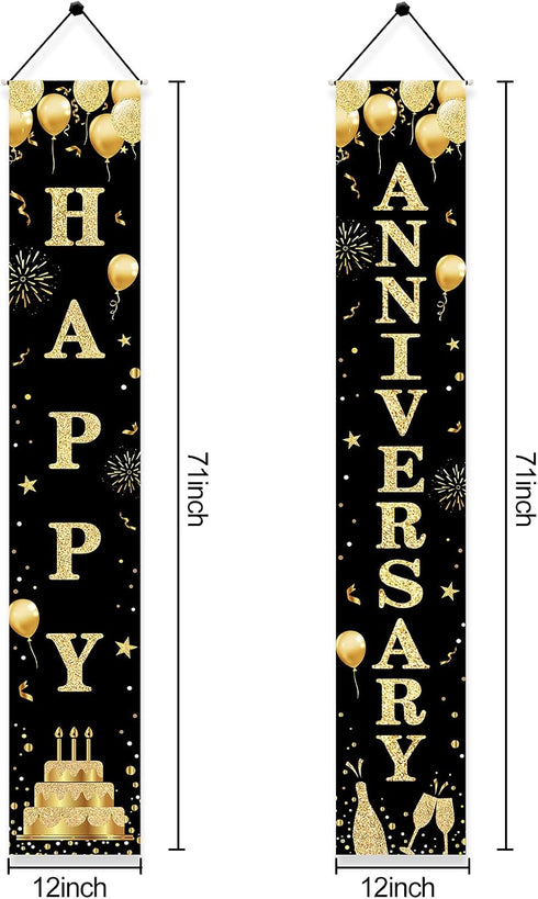 Wedding Anniversary Door Banner, Black Gold Happy Anniversary Sign for Party Decorations, Welcome Porch Outdoor Supplies