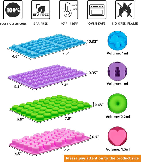 Gummy Bear Candy Molds Silicone Set of 4, Non-Stick Molds with 2 Droppers, Mini Dinosaur, Bear Shape, Hearts, Donut