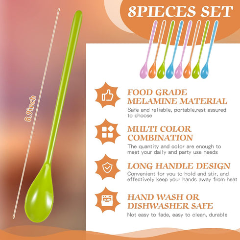 8 Pcs Iced Tea Spoons Long Plastic Ice Handle Spoon Colorful Teaspoons 8.9" Coffee Stirring Spoons Long Handle Spoon Long Teaspoons for Mixing Ice Cream Honey Sundae Hot Chocolate Cocktail