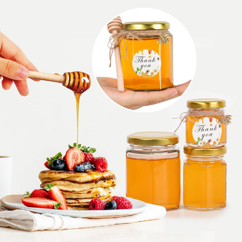 6 oz 30 Pack BIGIVACA Mini Honey Jars - Hexagon Glass Jars with Wood Dippers, Gold Lids, Bee Pendants, Jutes, Stickers