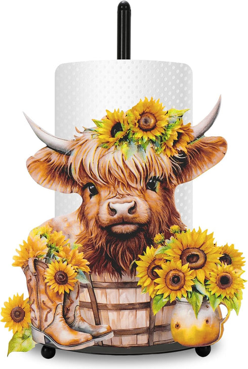 JarThenaAMCS Highland Cow Sunflower Paper Towel Holder Watercolor Floral Cattle Large Metal