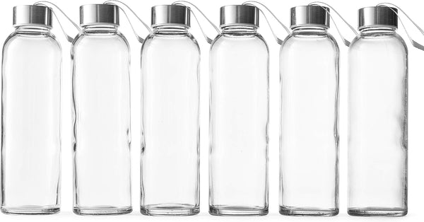 Epica Glass Bottles with Lids – 18oz Reusable Juice Water Bottles, Durable Set of 6 with Carrying Loop Caps