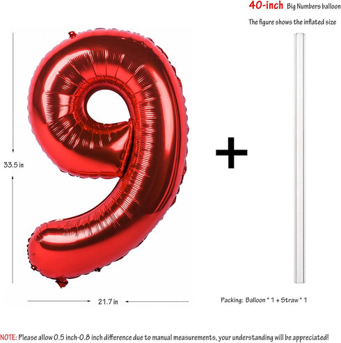 40 inch Red Big Number 9 Birthday Party Decoration, Foil Polyester Film Balloons for Anniversary Party, Wedding for