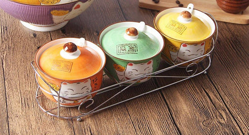 Japanese Maneki Neko Lucky Cat Sugar Salt Pepper Storage Jar - With Lid And Spoon