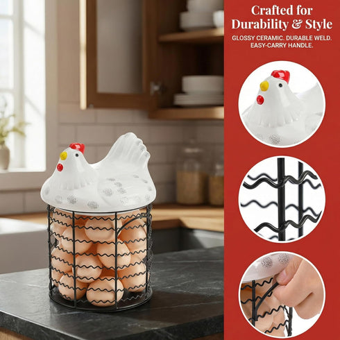 Hiceeden Metal Wire Chicken Egg Storage Basket, Decorative Fresh Egg Holder with Ceramic Chicken Design Lid, Portable