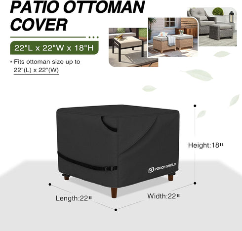 22L 22W 18H inch, Porch Shield Patio Ottoman Cover - Waterproof Outdoor Square Side Table Covers x x Black