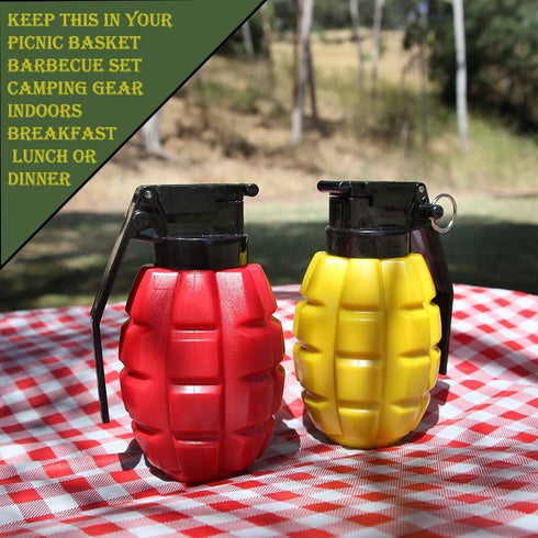 Caliber Gourmet Condiment Dispenser Set - Grenade Shape Squeeze Bottles for BBQ, Camping, Ketchup Mustard, Red & Yellow