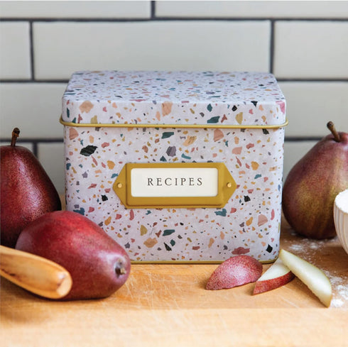 Jot & Mark Decorative Recipe Tin Box: Holds Hundreds of 4” x 6” Recipe Cards (Terrazzo)