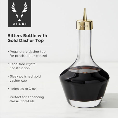 Viski Belmont Crystal Glass Cocktail Bitters Bottle with Gold Dasher Top, 3 oz. Set of 1, Elegant Barware