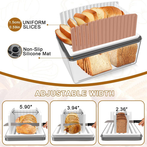 Upgrade Bread Slicer with Bread Box - Adjustable Width Cutting Guide, Foldable and Compact with Crumb Tray