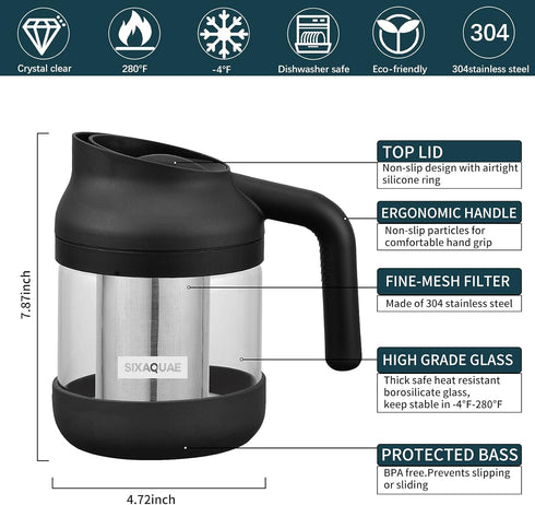 SIXAQUAE Cold Brew Coffee Maker Stainless Steel Strainer Large,Durable Iced Coffee Maker Cold Brew Pitcher,Dishwasher Safe 38 Oz Iced Tea Maker by SIXAQUAE