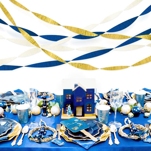 NICROLANDEE Navy Blue Party Decorations - 6 Rolls of Navy Blue Gold Ivory Crepe Paper Streamers for Wedding Birthday