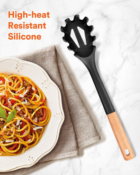 Silicone Pasta Fork, Kitchen Heat Resistant Noodle Spoon Server, BPA Free Spaghetti Strainer, 12.8 inch (Black)