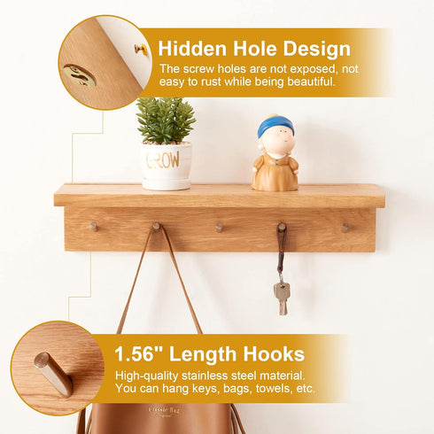 Wall Mounted Coat Rack Shelf, Oak Wood Entryway Shelf with 5 Hooks, Floating Shelf for Bedroom, Living Room