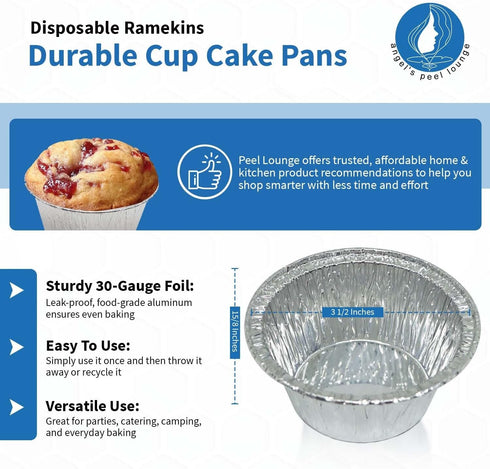 Angel's Peel Lounge Disposable Ramekins, Durable Cup Cake Pans for Baking, Aluminum Foil Ramekin for Tart, Muffin,
