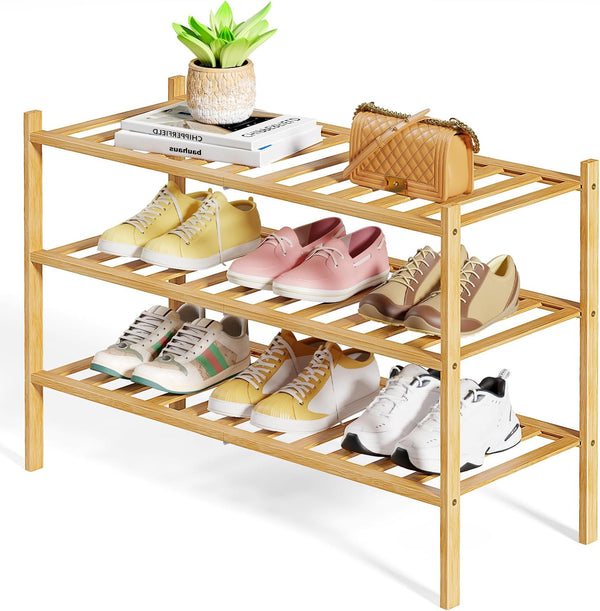 Kitsure Bamboo Wooden Shoe Rack for Closet - Stackable Shoe Organizer with
