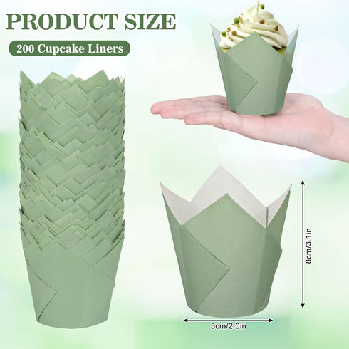 Whaline 200Pcs Sage Green Tulip Cupcake Liners Green Muffin Baking Liners Tulip Cupcake Wrappers Baking Cup for Bridal Baby Shower Wedding Birthday Party Decor by Whaline