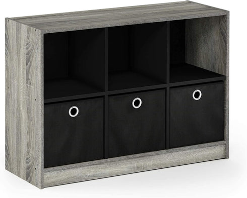 Furinno Basic 3x2 Cube Storage Bookcase Organizer with Bins in French Oak Grey/Black