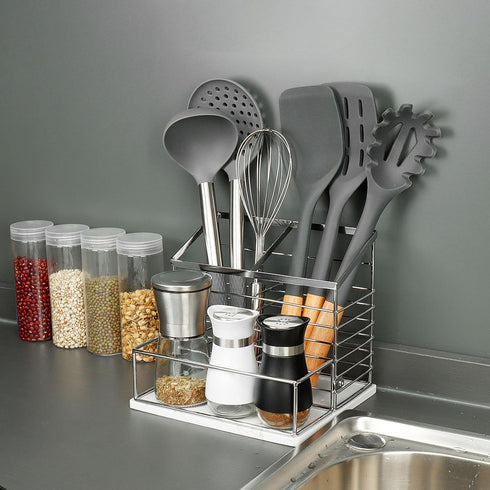 Utensil Holder for Kitchen Counter, Metal Rack with Salt and Pepper Shakers, Large Organizer