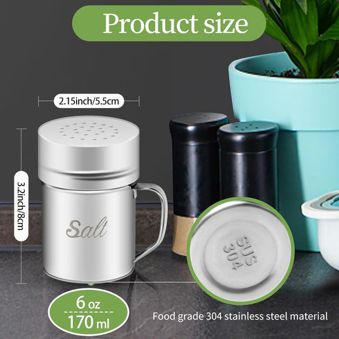 Stainless Steel Salt and Pepper Shakers Set, 6 OZ Spice Shaker with Lid and Handle, Medium Holes, 2 Pieces