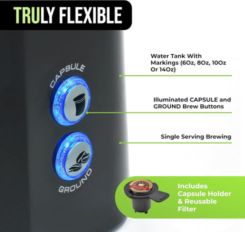 Tru Single Serve Dual Brew Coffee Maker - Premium Brewer for Coffee Capsules or Grounds - Features Self-Cleaning