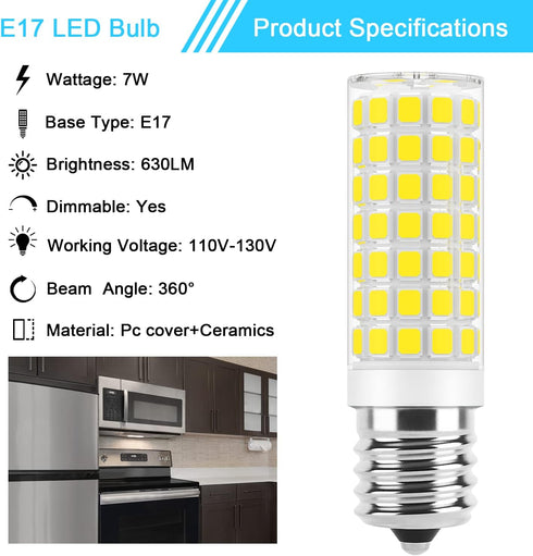 E17 LED Bulb Dimmable, 7W Microwave Oven Bulbs, 120V 60W Incandescent Equivalent, Natural White 4000K, Fit for Whirlpool Maytag GE Kenmore LG Microwaves, Replaces 8206232A 1890433 AP4512653, 2 Pack by Lacnooe