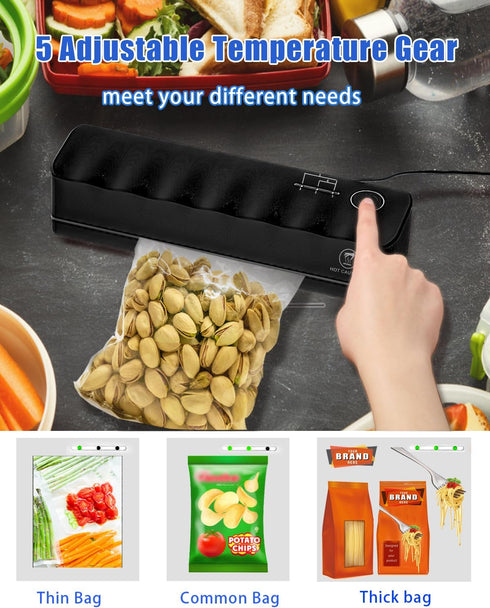Mini Rechargeable Bag Sealer - 3000mAh Heat Sealer Machine with 5 Adjustable Gears for Food Storage (Black)