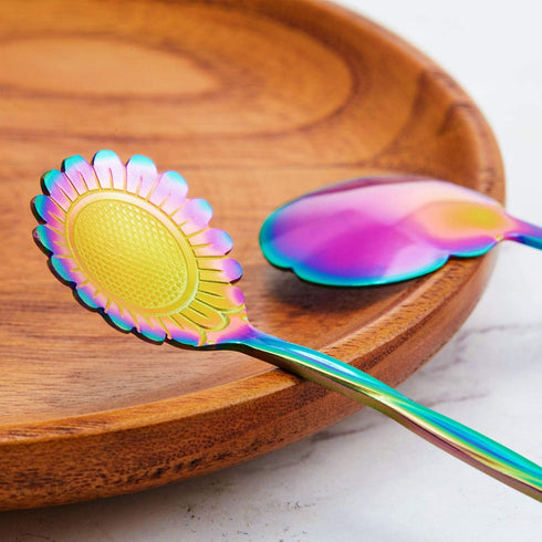 8 Pieces Flower Spoon Coffee Teaspoon Set - Stainless Steel Tableware - 8 Different Patterns (Rainbow Color)