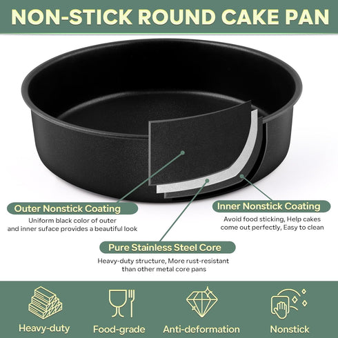 P&P CHEF Cake Pan Set of 2, 9.5 Inch Nonstick Round Baking Pans for Birthday, Wedding, Christmas Layer Cakes.