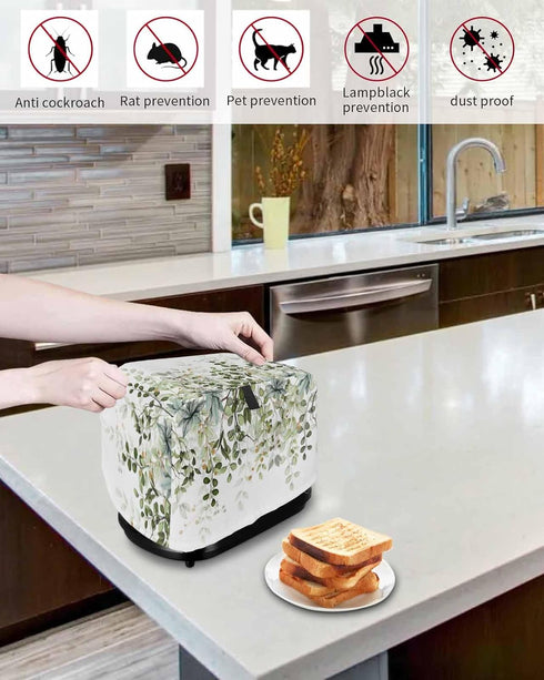 Sage Green Leaves 4 Slice Toaster Cover, Small Appliance Dustproof Fingerprint Protector, Machine Washable Eucalyptus