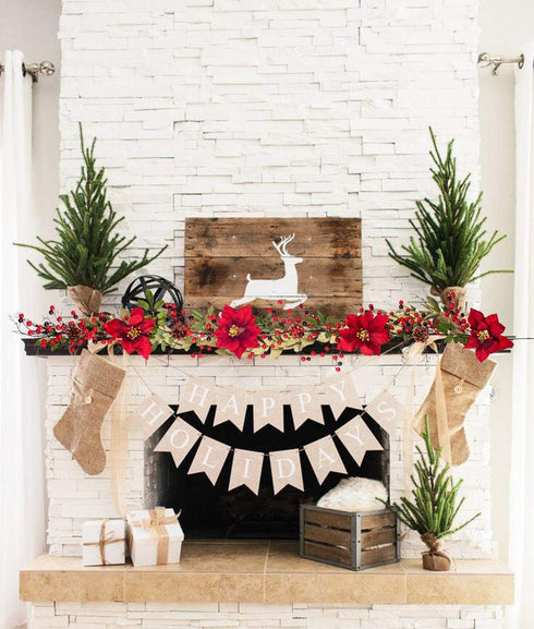 DearHouse 5.3 Ft Artificial Poinsettia Christmas Garland with Red Berries, Holly Leaves, Pine Cone Decor