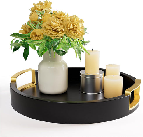 Round Decorative Tray - 12 Inch Round Black Tray with Gold Metal