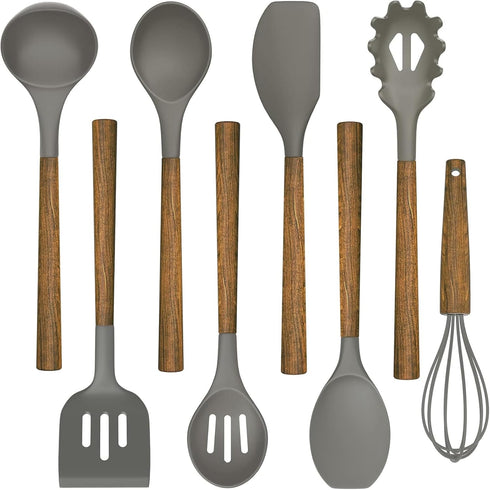 Umite Chef Silicone Cooking Utensil Set, 8-Piece Kitchen Gadgets with Acacia Wooden Handles, Grey