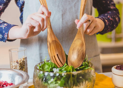 Wood Salad Tongs, 10.2in Salad Spoon and Fork Set, Long Handle Salad Servers for Mixing, Tossing, and Cooking
