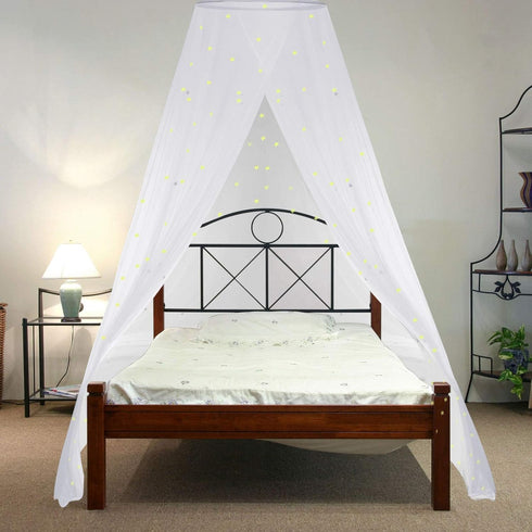 Bed Canopy Mesh Netting with Fluorescent Stars, Glow in Dark Hanging Dome Canopy for Single to King Size Beds, White