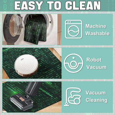 Washable Area Rug, Binary Code Design Entryway Doormat Faux Wool Non-Slip Low-Pile Carpet for Indoor Kitchen Bathroom