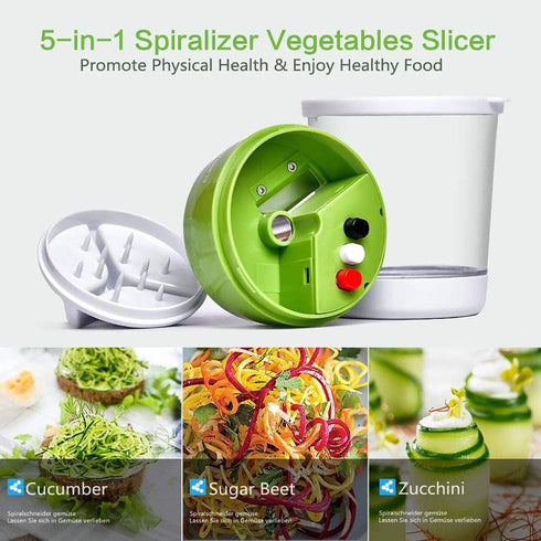 5 in 1 Handheld Spiralizer Vegetable Slicer, Green, Plastic, ABS, Stainless Steel