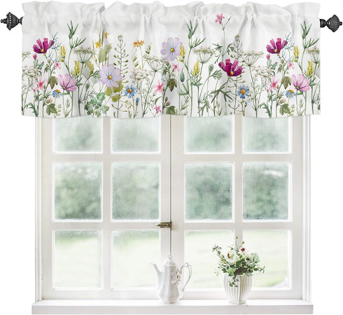 Floral Kitchen Curtains Valances, Wildflowers Spring Watercolor Flower Plants, 42" W x 12" L