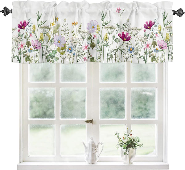 Floral Kitchen Curtains Valances, Wildflowers Spring Watercolor Flower Plants, 42" W x 12" L